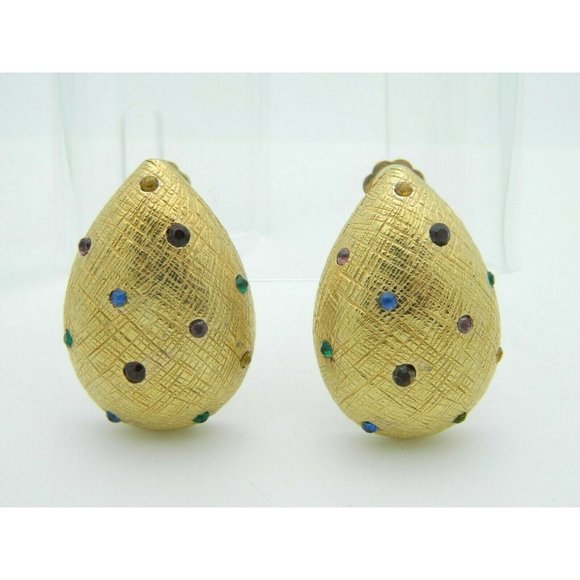 Vintage Jewelry - Large Multi-Colored Rhinestone Gold Tone Tear Drop